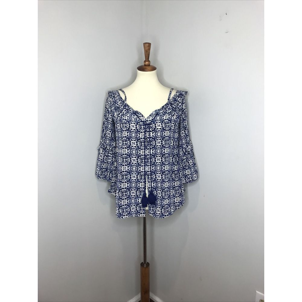 Figue Blue White Silk Off Shoulder Indian Boho Blouse Top Shirt Medium‎ M
